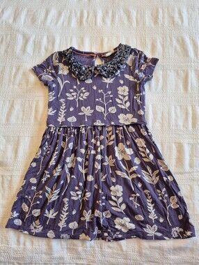Mini Boden girls 3-4 years purple sequin collar dress leaves acorns flowers